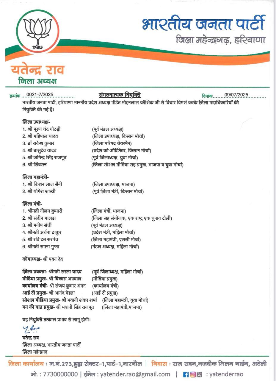 भाजपा की नई जिला कार्यकारिणी की सूची भाजपा की नई जिला कार्यकारिणी की सूची