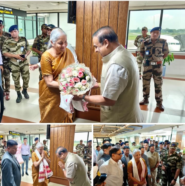 गुवाहाटी में असम के मुख्यमंत्री डॉ हिमंत बिस्व सरमा केंद्रीय वित्त मंत्री निर्मला सीतारमण का गर्मजोशी से स्वागत करते हुए।