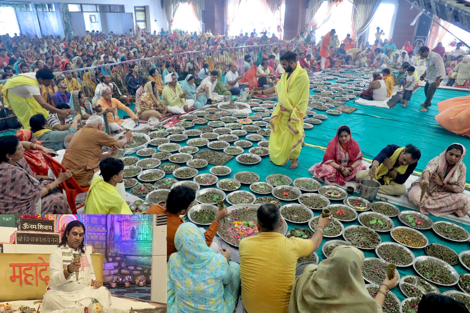 महादेव का अभिषेक करते हुए देवकीनंदन महाराज एवं पार्थिव शिवलिंगों के साथ श्रद्धालुजन