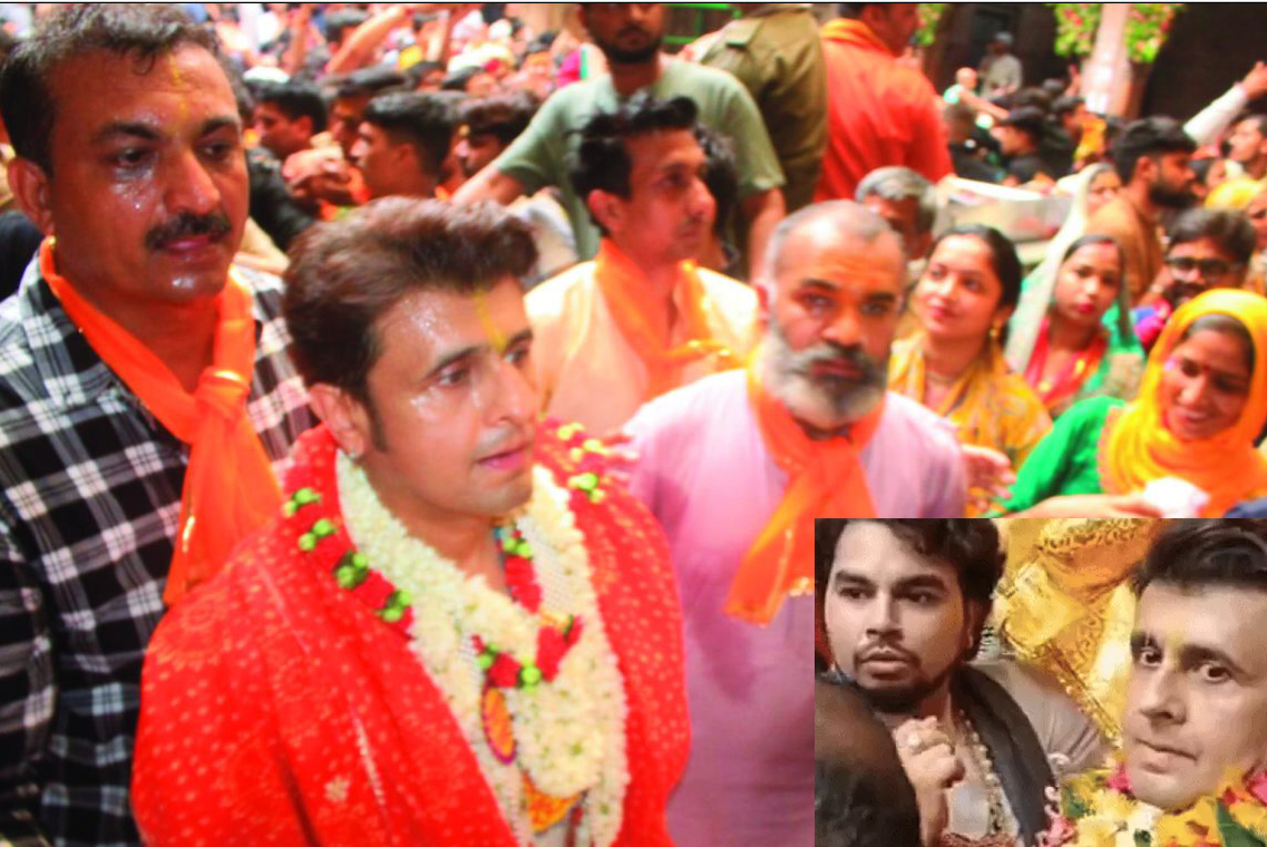 वृंदावन के मंदिराें में शिरकत करते हुए बाॅलीबुड गायकर साेनू निगम