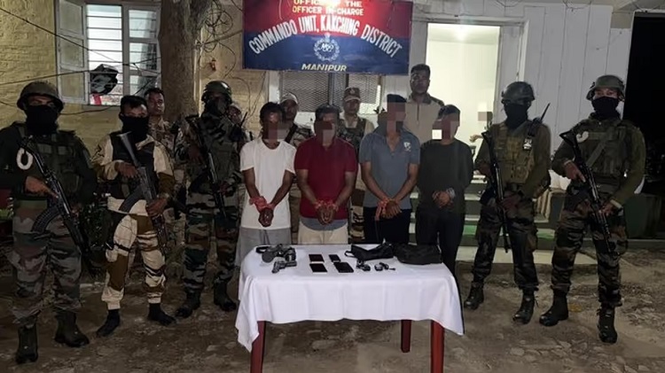 Image of the four arrested KCP (PWG) Cadres in Kakching and seized Arms and Equipment.
