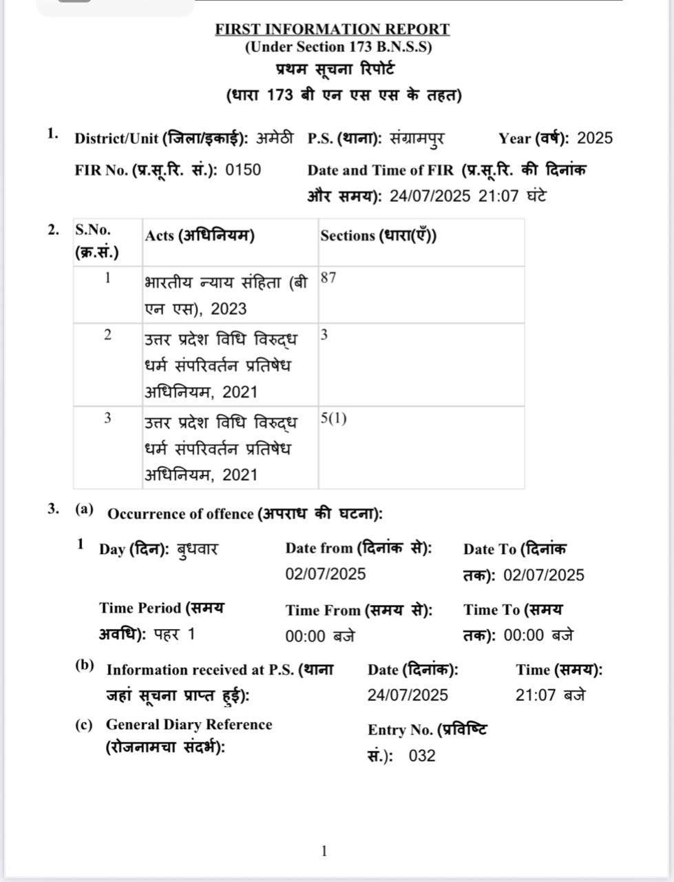 पुलिस द्वारा पंजीकृत FIR कॉपी पुलिस द्वारा पंजीकृत FIR कॉपी