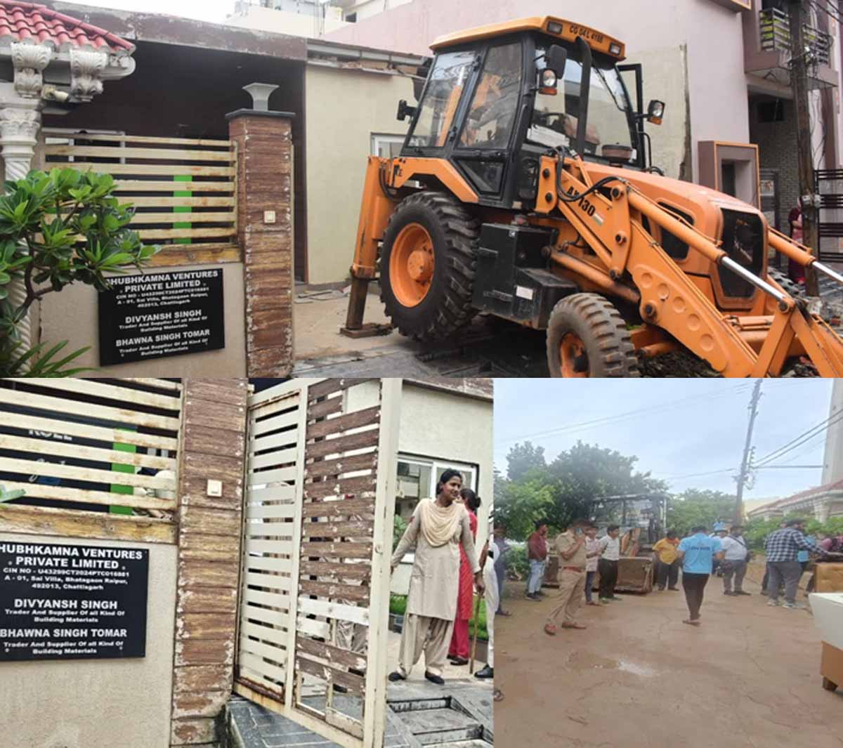 फरार हिस्ट्रीशीटर तोमर बंधु के दफ्तर पर रायपुर नगर निगम की टीम बुलडोजर चलाते