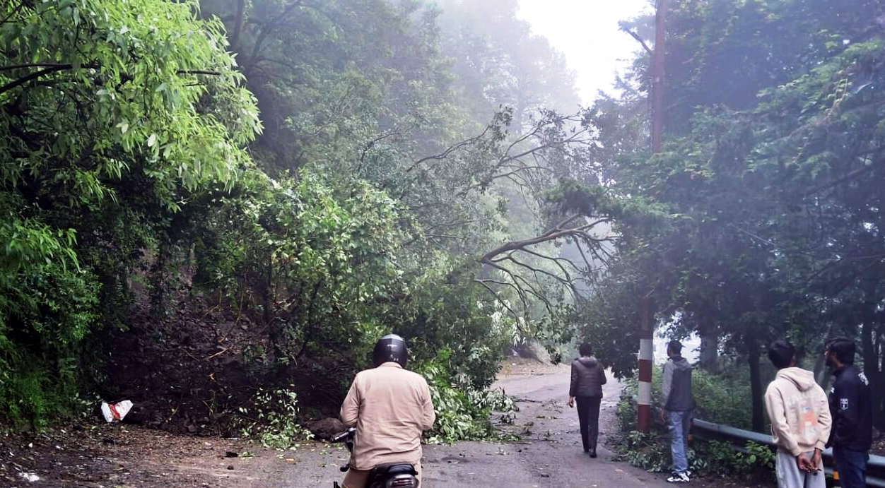 बारापत्थर के पास सड़क पर गिरा मलबा।