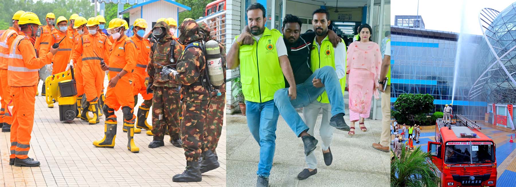 गुरुग्राम में एक्ससाइज सुरक्षा चक्र के तहत भूकंप और कैमिकल लीक की आपदा की मॉक ड्रिल के दृश्य।