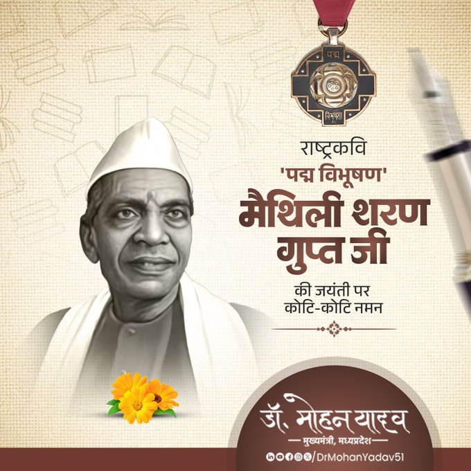 मुख्यमंत्री डाॅ. यादव ने राष्ट्रकवि मैथिलीशरण गुप्त काे जयंती पर किया नमन