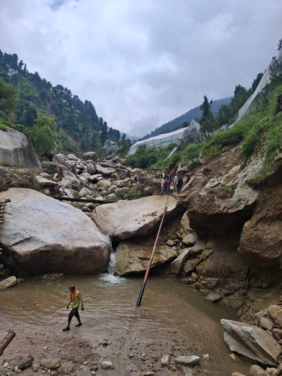 रसियों से खेंचकर बिजली के पोल ले जाते हुए। रसियों से खेंचकर बिजली के पोल ले जाते हुए।