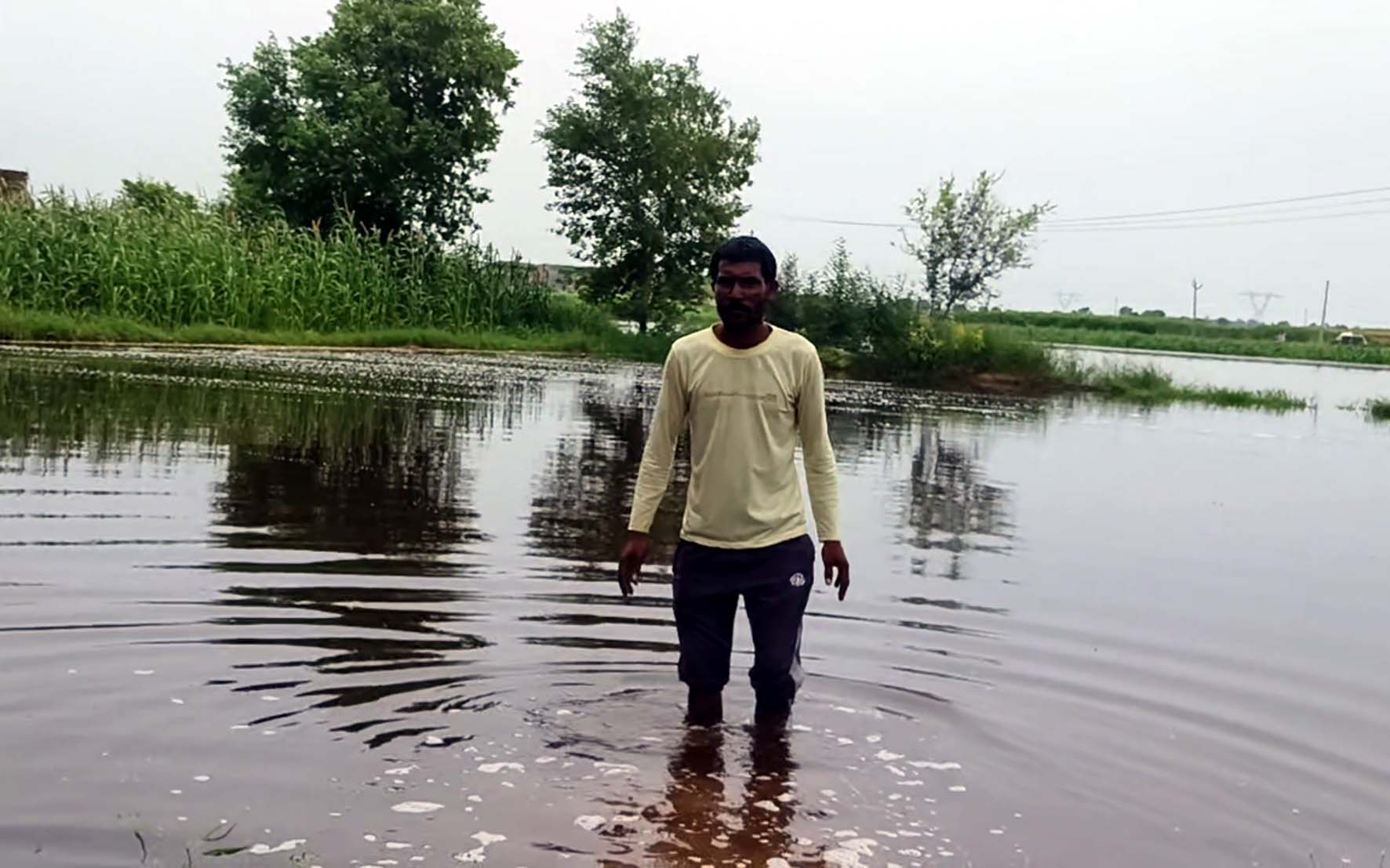 ड्रेन टूटने के बाद खेतों में खड़ा पानी।