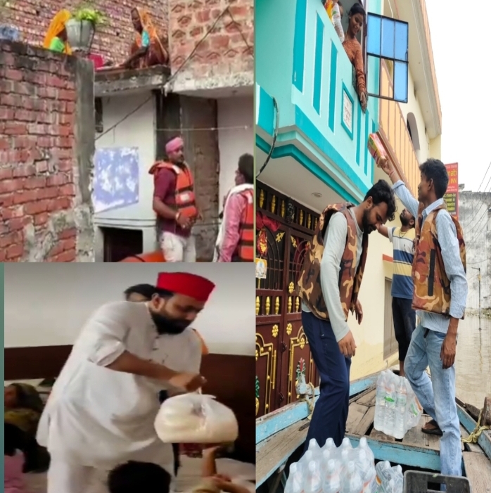 बाढ़ प्रभावित क्षेत्र में राशन सामग्री वितरण करते सपा, सामाजिक कार्यकर्ता