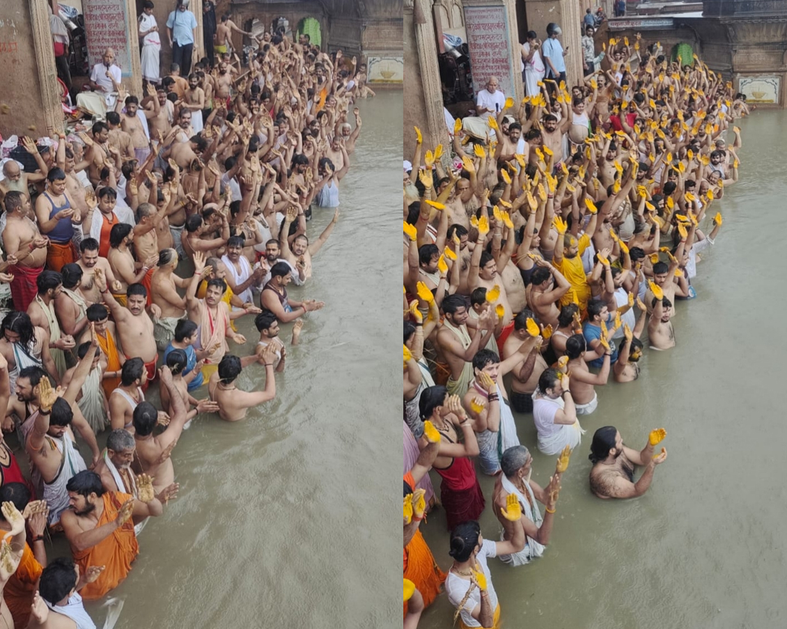 यमुना तट केशीघाट पर सैकड़ों ब्राह्मण पूजा अर्चना करते हुए