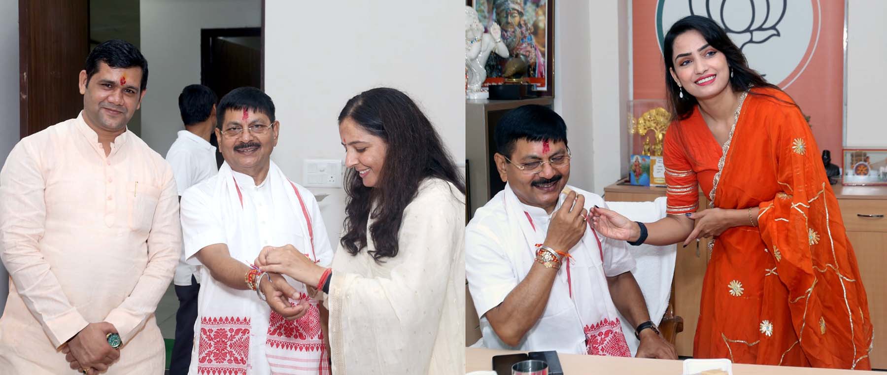 गुरुग्राम भाजपा कार्यालय में महिला कार्यकर्ताओं से राखी बंधवाते संगठन मंत्री फणीन्द्रनाथ शर्मा।
