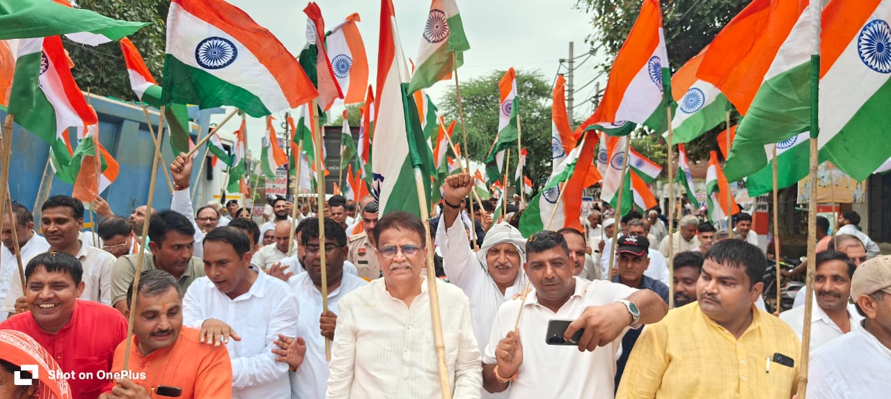 बादली विधानसभा क्षेत्र के गांव पाटोदा में ओमप्रकाश धनखड़ के नेतृत्व में तिरंगा यात्रा निकालते भाजपा कार्यकर्ता।