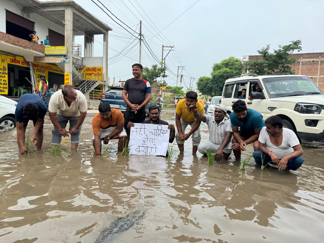 सड़क पर जलभराव में धान रोप कर विरोध जताते सपा कार्यकर्ता