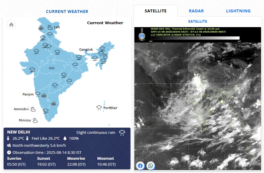 भारत मौसम विज्ञान विभाग के सैटेलाइट से प्राप्त छवि में अधिकांश इलाकों में बादल छाए हुए हैं।