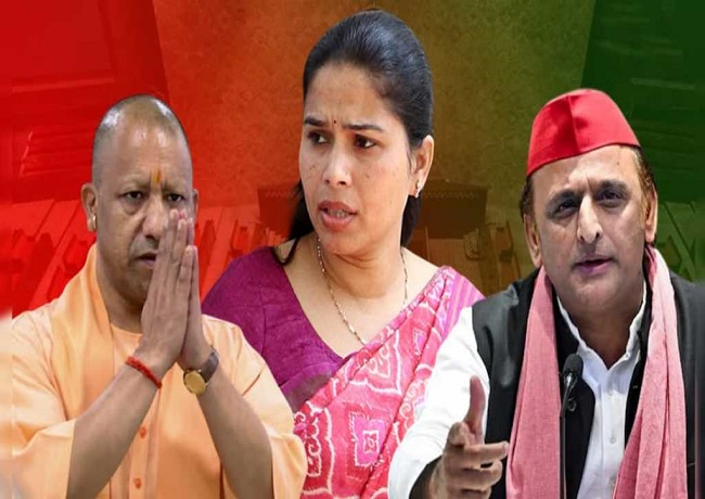 सीएम योगी आदित्यनाथ, सपा अध्यक्ष अखिलेश यादव एवं विधायक पूजा पाल की संयुक्त फोटो।