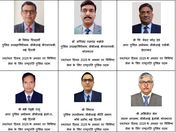 स्वतंत्रता दिवस पर सीबीआई के 21 कर्मी विशिष्ट सेवा और सराहनीय सेवा पदक से सम्मानित  स्वतंत्रता दिवस 2025 के मौके पर केंद्रीय अन्वेषण ब्यूरो (सीबीआई) के 21 अफसरों और कर्मचारियों को उनकी सेवाओं के लिए पुलिस पदकों से सम्मानित किया गया है। इनमें से 6 अफसरों को विशिष्ट सेवा के लिए राष्ट्रपति पुलिस पदक और 15 को सराहनीय सेवा के लिए पुलिस पदक दिया गया है।  राष्ट्रपति पुलिस पदक पाने वालों में विवेक प्रियदर्शी (पुलिस उप महानिरीक्षक, बीएसएफबी, नई दिल्ली), मच्छिंद्र रामचंद्र कडोले (पुलिस उप महानिरीक्षक, बीएसएफबी, कोलकाता), चि. वेंकट नरेंद्र देवे (अपर पुलिस अधीक्षक, एसीबी, हैदराबाद), बंडी पेड्डी राजू (अपर पुलिस अधीक्षक, ईओ-III, नई दिल्ली), विशाल (पुलिस उपाधीक्षक, नीति प्रभाग, नई दिल्ली) और अभिजीत सेन (प्रधान आरक्षक, ईओबी, कोलकाता) शामिल हैं।  सराहनीय सेवा के लिए जिन 15 अफसरों और कर्मचारियों को पुलिस पदक मिला है, उनमें अनूप टी. मैथ्यू (पुलिस उप महानिरीक्षक, मुख्यालय), बाल करण सिंह और सुभाष चंद्र शर्मा (उप विधि सलाहकार, नई दिल्ली), सुनील दत्त (अपर पुलिस अधीक्षक, लखनऊ), अशोक कुमार (पुलिस उपाधीक्षक, कोलकाता), के. विजया वैष्णवी (पुलिस उपाधीक्षक, चेन्नई), अजय सिंह गहलौत (पुलिस उपाधीक्षक, नई दिल्ली), दिलबाग सिंह जसरोटिया (अपराध सहायक, जम्मू), पवन कुमार भारद्वाज (सहायक उपनिरीक्षक, मुख्यालय), मोहन सिंह जादौन (प्रधान आरक्षक, जयपुर), अरबिंद गरई (प्रधान आरक्षक, इम्फाल), चितिमिरेड्डी सूर्यनारायण रेड्डी (प्रधान आरक्षक, बैंगलोर), सतीश कुमार (आरक्षक, नई दिल्ली), रामबाबू येदिदा (आरक्षक, विशाखापत्तनम) और नवल कुमार दीक्षित (आरक्षक, मुख्यालय) के नाम शामिल हैं।