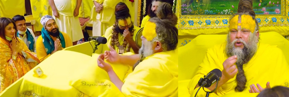 एकांतिक वार्ता में आशीर्वाद लेते हुए सिनेतारिका शिल्पा शेट्टी और उनके पति राज कुंद्रा
