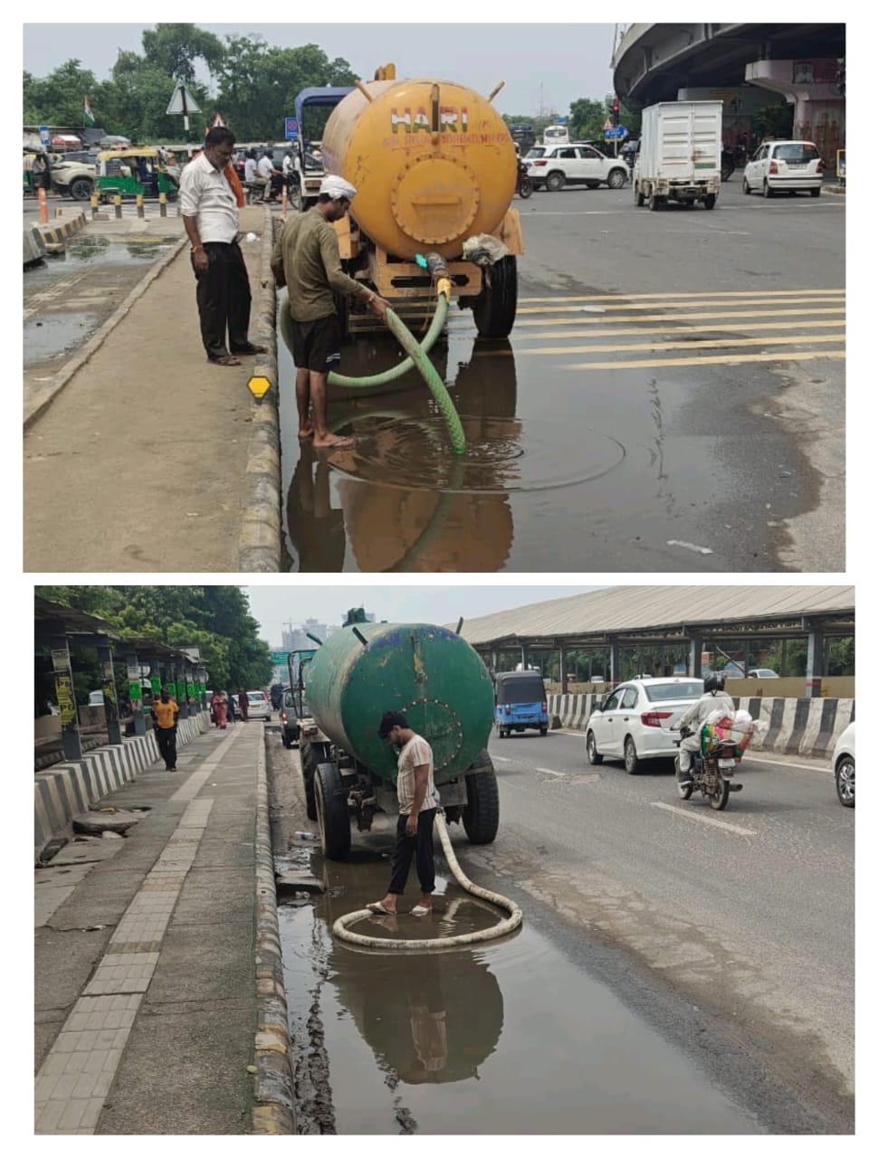 फोटो : गुरुग्राम में सक्शन टैंकर से बरसाती पानी निकलते निगम कर्मी। फोटो : गुरुग्राम में सक्शन टैंकर से बरसाती पानी निकलते निगम कर्मी।