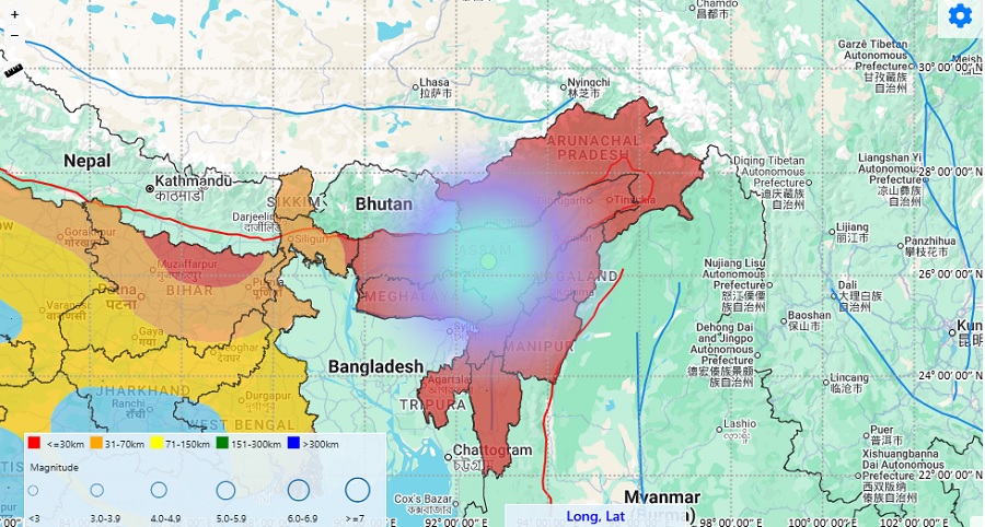 असम में 4.3 तीव्रता के आए भूकंप का मैप
