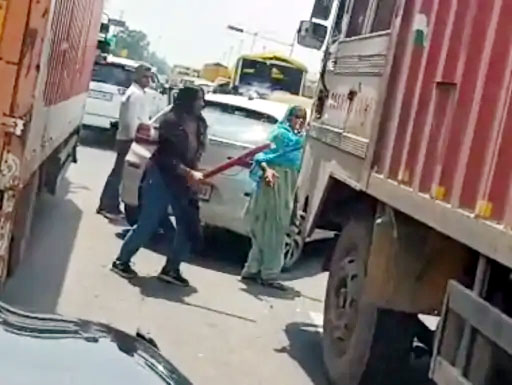 ट्रक पर बेसबॉल के डंडे से हमला करती महिला। ट्रक पर बेसबॉल के डंडे से हमला करती महिला।