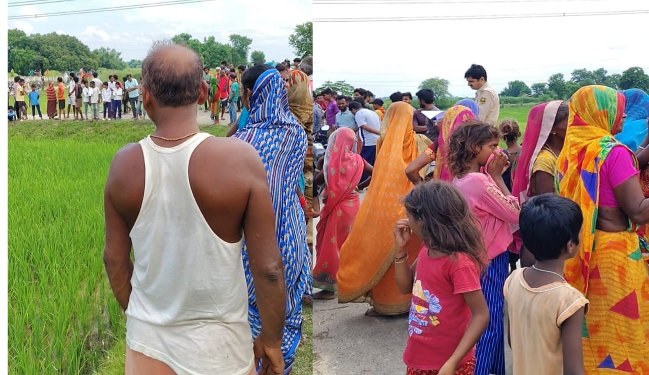 घनश्यामपुर: शव की खबर सुनकर ग्रामीणों की भीड़।