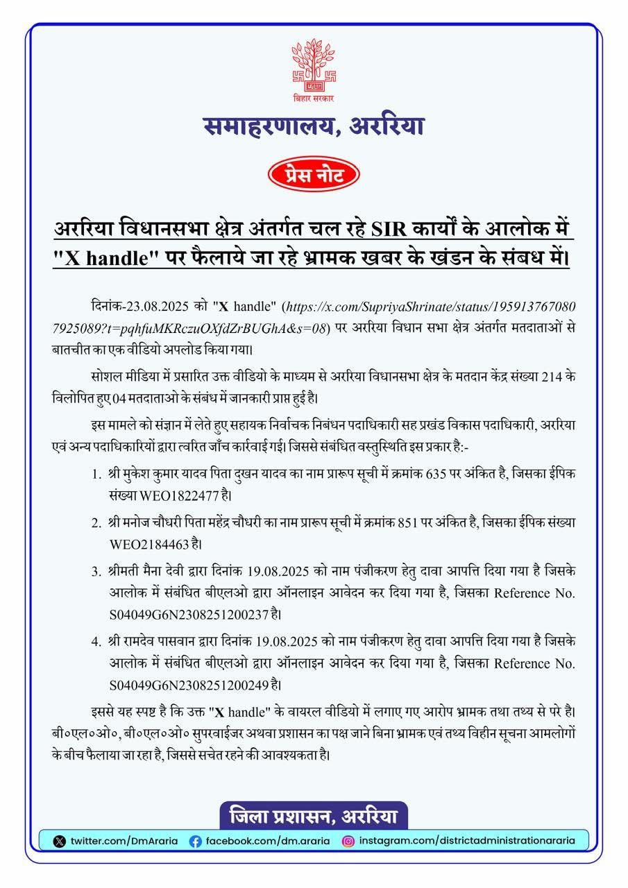अररिया जिला प्रशासन ने मतदाताओं के नाम हटाए जाने की खबर को बताया भ्रामक