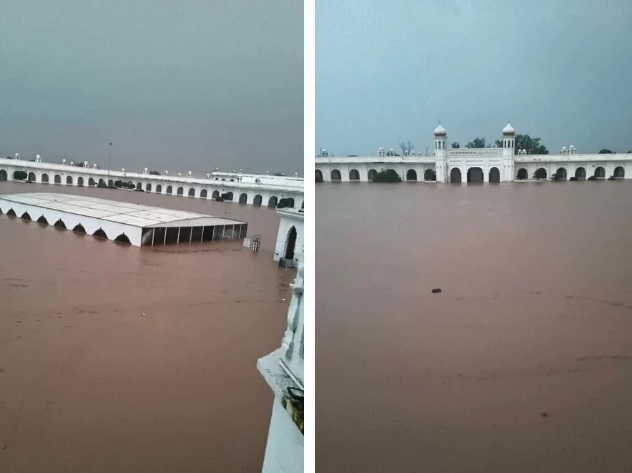 जलमग्न करतारपुर गुरुद्वारा दरबार साहिब। करतारपुर गुरुद्वारा दरबार साहिब पाकिस्तान के पंजाब प्रांत के नारोवाल जिले में स्थित है। यहां माथा टेकने के लिए दुनिया भर से सिख समुदाय लोग पहुंचते हैं। फोटो - द एक्सप्रेस ट्रिब्यून
