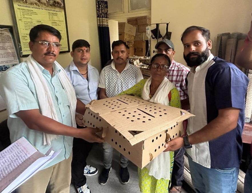 पशु चिकित्सालय द्वारा लाभार्थियों को पोल्ट्री यूनिट वितरित करते हुए अधिकारी