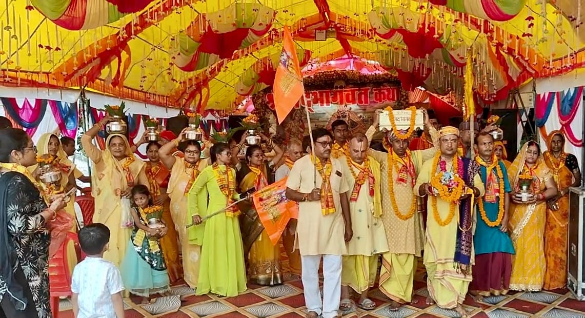 श्रीमद्भागत कथा कथा कहते हुए कथा व्यास आचार्य पंडित अभिषेक कृष्णम् हरिकिंकर महाराज का छाया चित्र