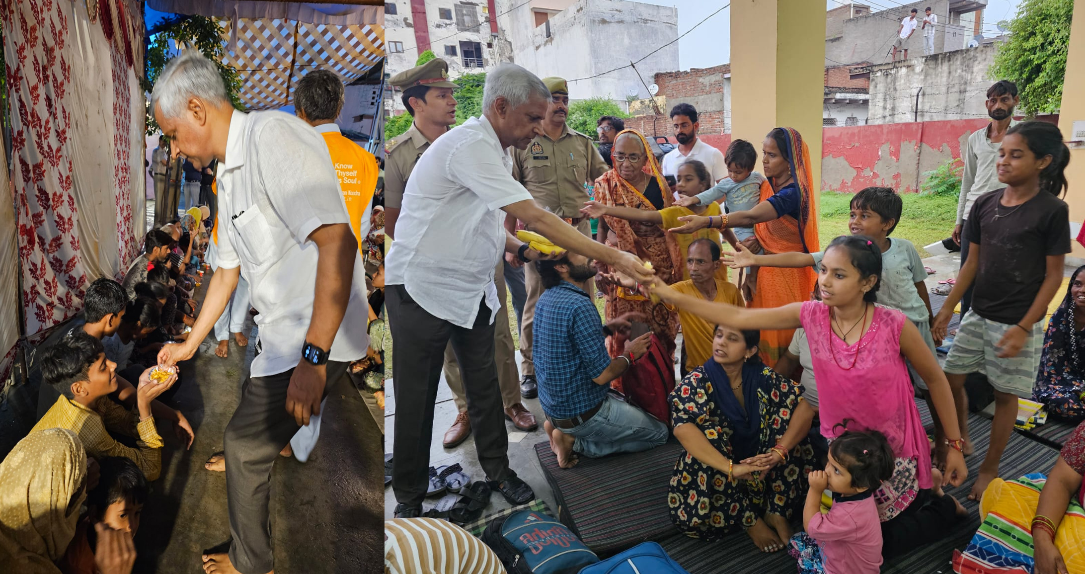 श्री गीता (बिरला) धर्मशाला में स्थापित बाढ़ राहत केंद्र पर मंडलायुक्त शैलेन्द्र कुमार सिंह अपने हाथों से बाढ़ पीड़ित बच्चों और महिलाओं को फल वितरित करते हुए
