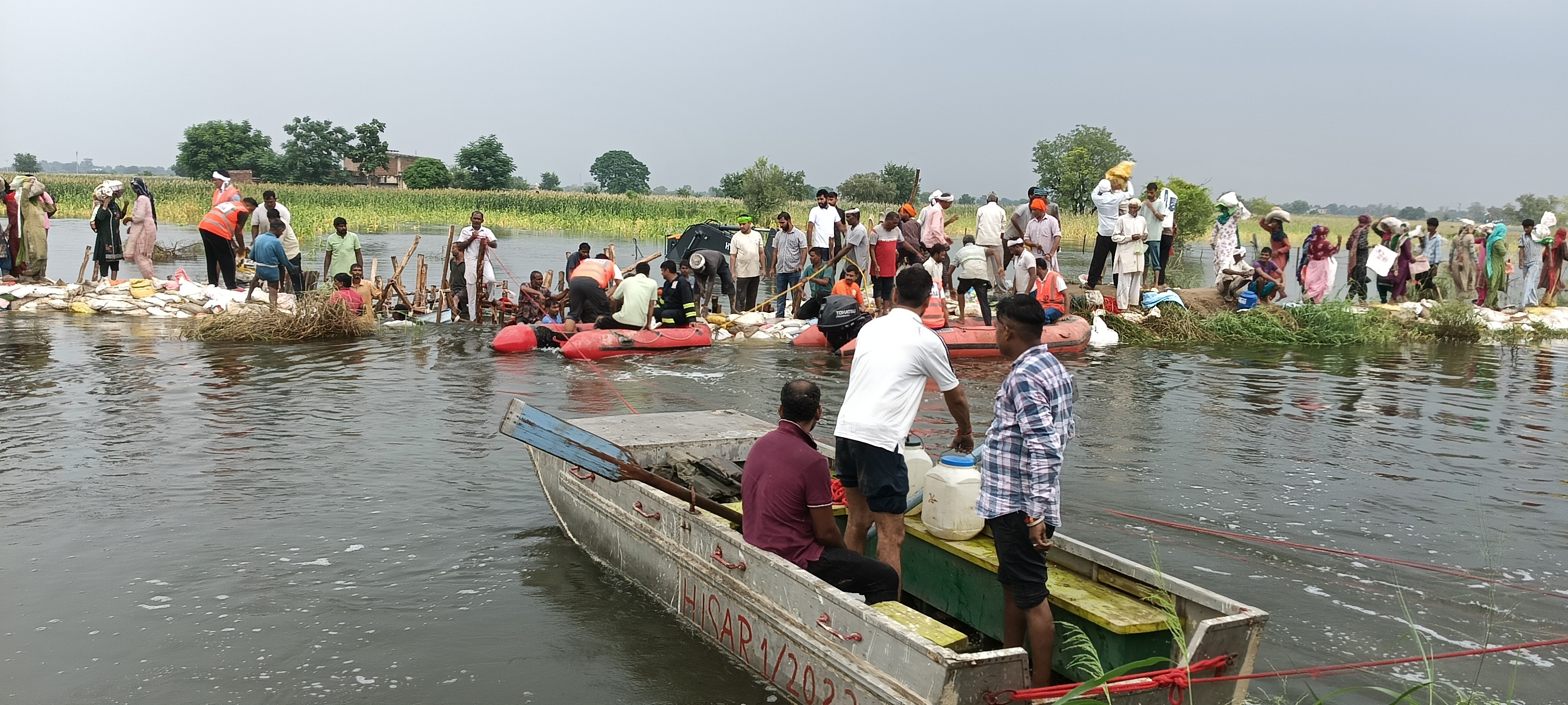 हिसार-घग्गर मल्टीपर्पज ड्रेन में आई दरार पर बांध बनाने में लगे एसडीआरएफ के जवान, मनरेगा मजदूर व ग्रामीण।