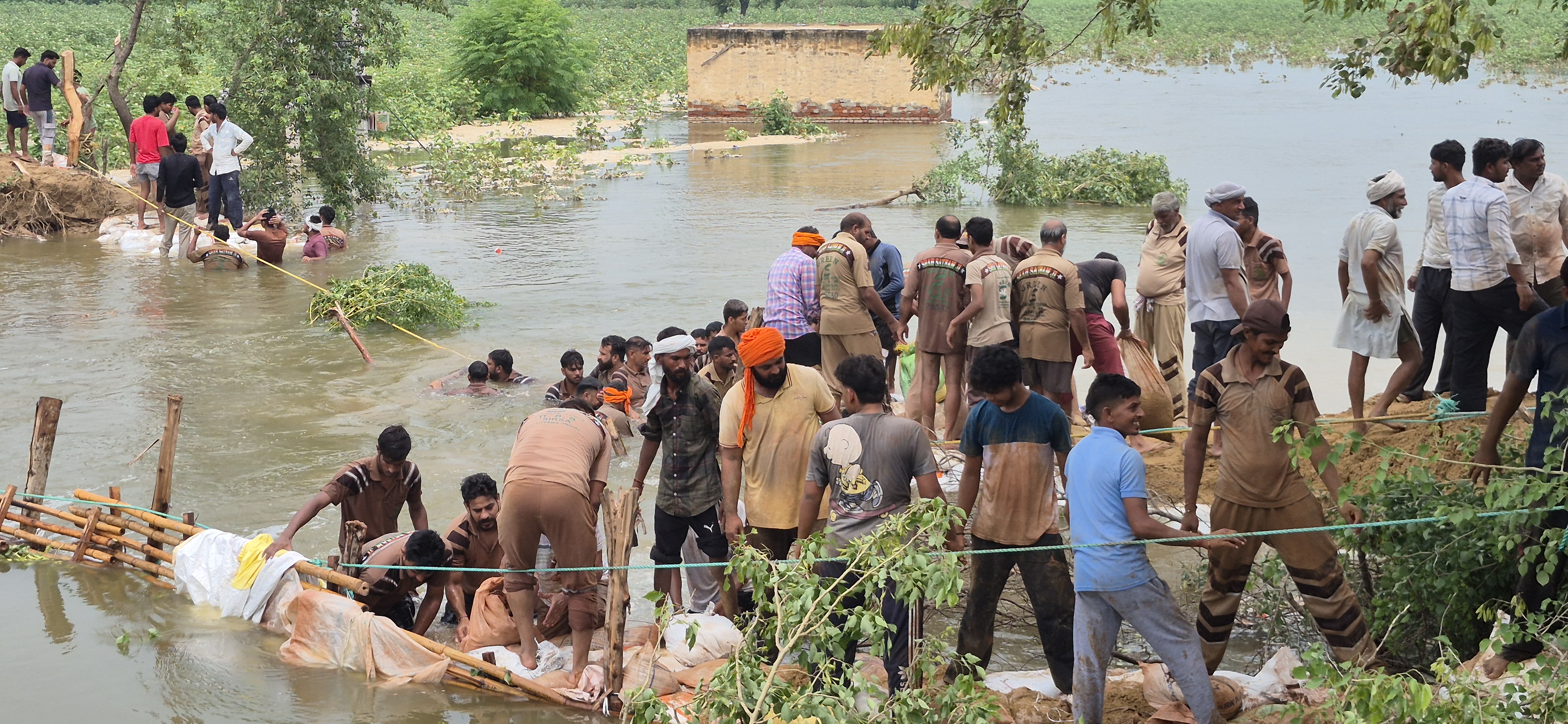 हिसार-घग्गर डे्रन में आए कटाव को बांधने में जुटे डेरा के सेवादार।