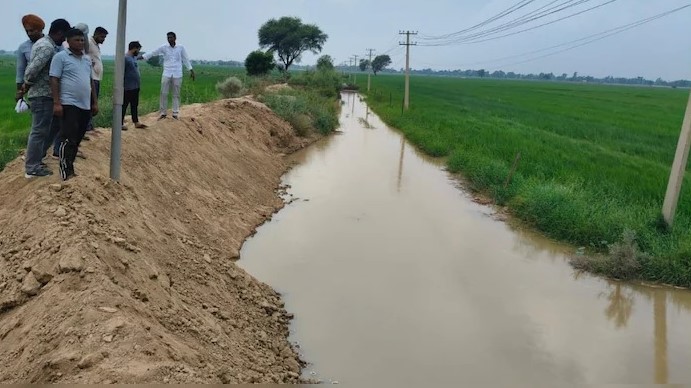 घग्घर नदी के बांध में कटाव से खेतों में भरा पानी घग्घर नदी के बांध में कटाव से खेतों में भरा पानी
