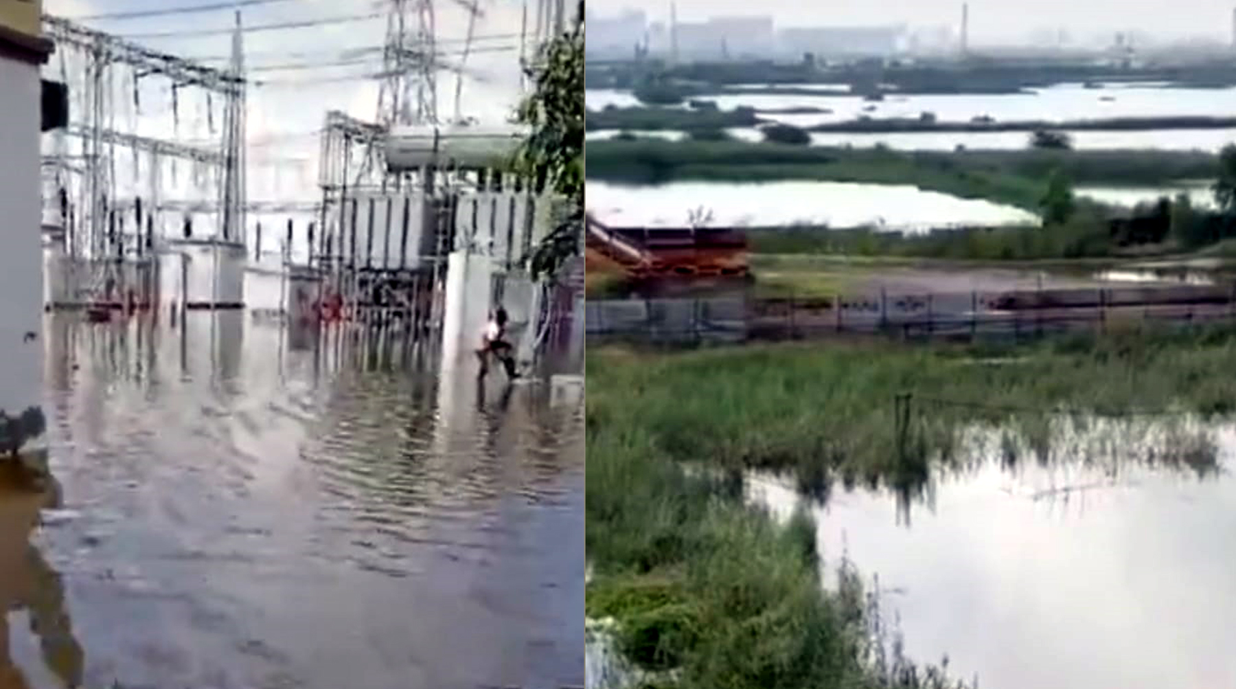 गुरुग्राम के दौलताबाद क्षेत्र में साबी नदी से आए पानी में डूबा पावर हाउस व खेत।