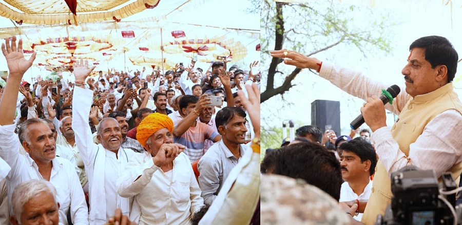 खेतों में जाकर खराब हुई सोयाबीन की फसल का  जायजा लेने के बाद किसानों को संबोधित करते हुए मुख्यमंत्री