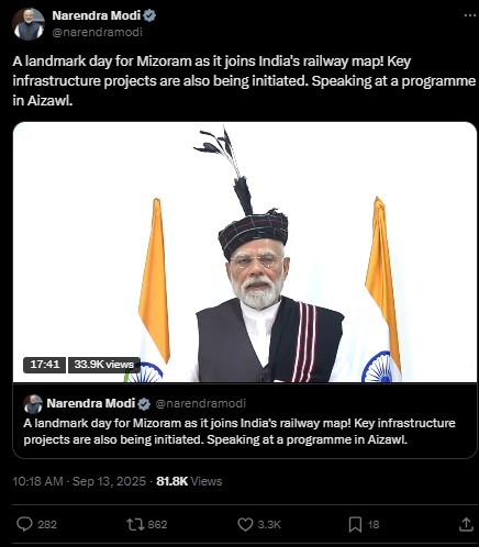 प्रधानमंत्री मोदी ने मिजोरम में रेल लाइन का उद्घाटन किया