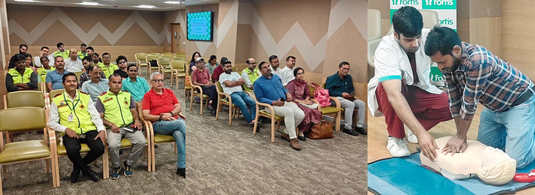 गुरुग्राम में सिविल डिफेंस के सदस्यों को सीपीआर तकनीक सिखाते फोर्टिस अस्पताल के विशेषज्ञ। गुरुग्राम में सिविल डिफेंस के सदस्यों को सीपीआर तकनीक सिखाते फोर्टिस अस्पताल के विशेषज्ञ।