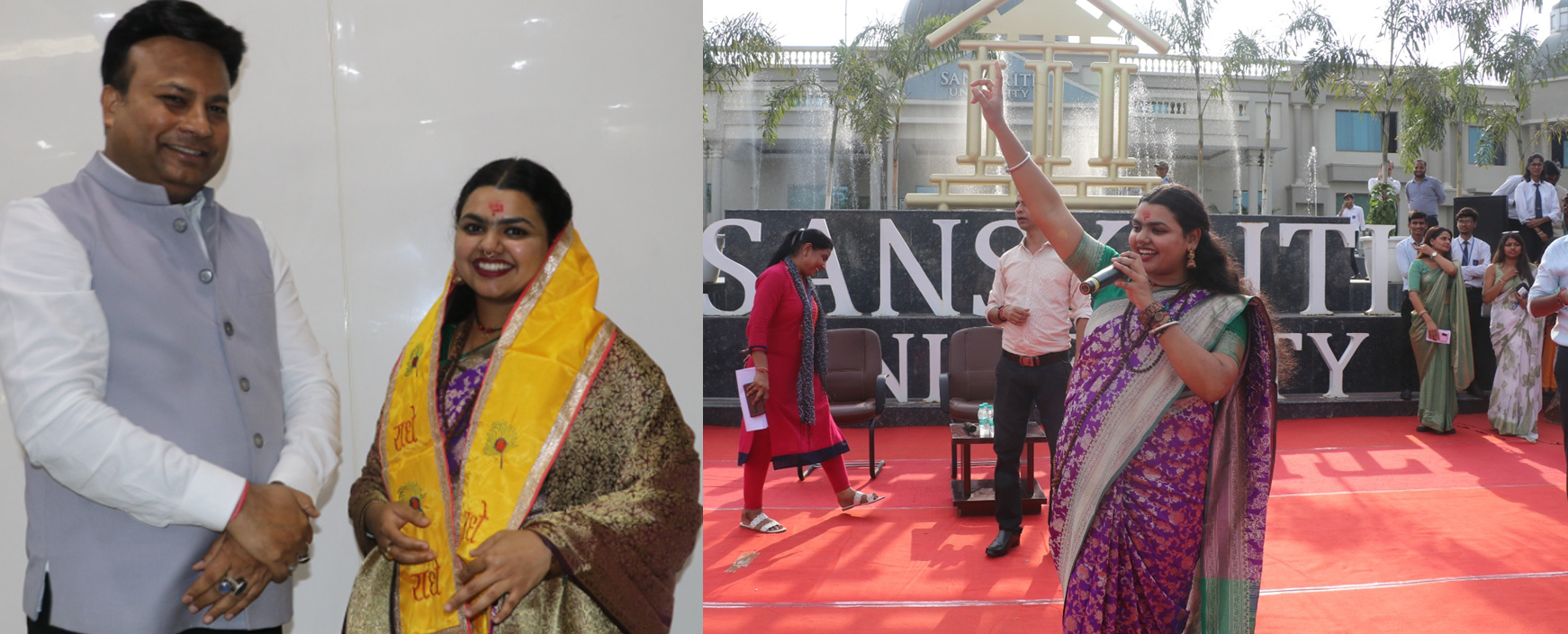 संस्कृति विवि के कुलाधिपति डा. सचिन गुप्ता गायिका अभिलिप्सा पांडा का शाल ओढ़ाकर सम्मान करते हुए।