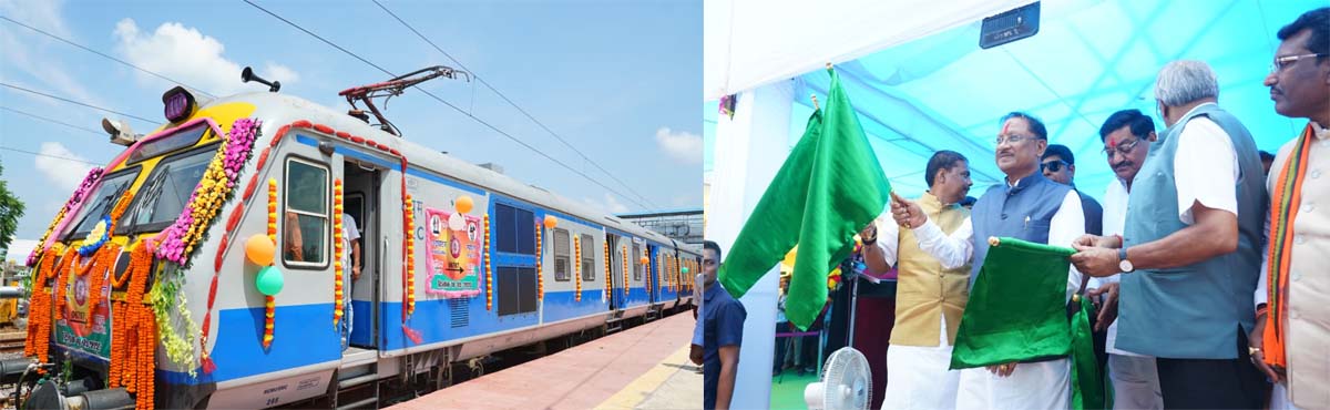 मुख्यमंत्री साय नई मेमू ट्रेन को हरी झंडी दिखाकर रवाना  करते हुए