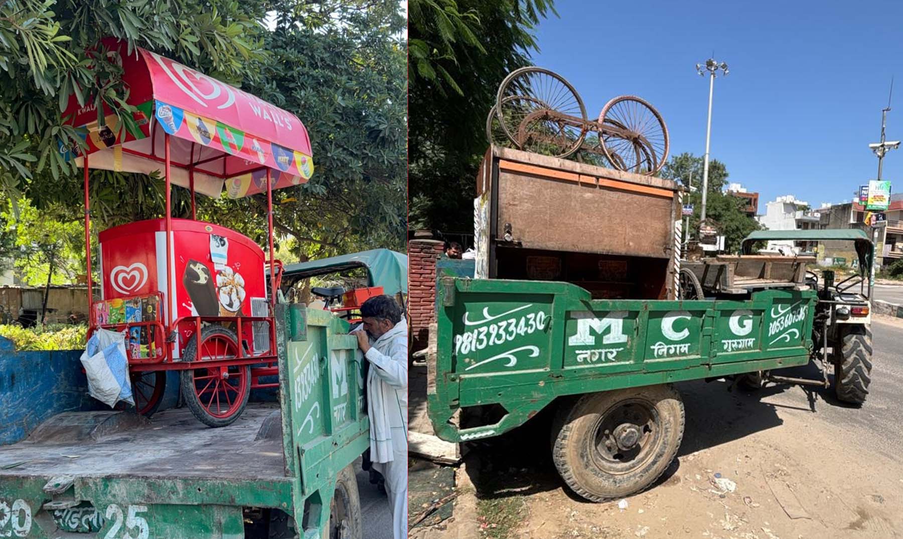 गुरुग्राम में सार्वजनिक स्थलों पर अतिक्रमण किए हुए रेहडिय़ों को उठाते निगमकर्मी।