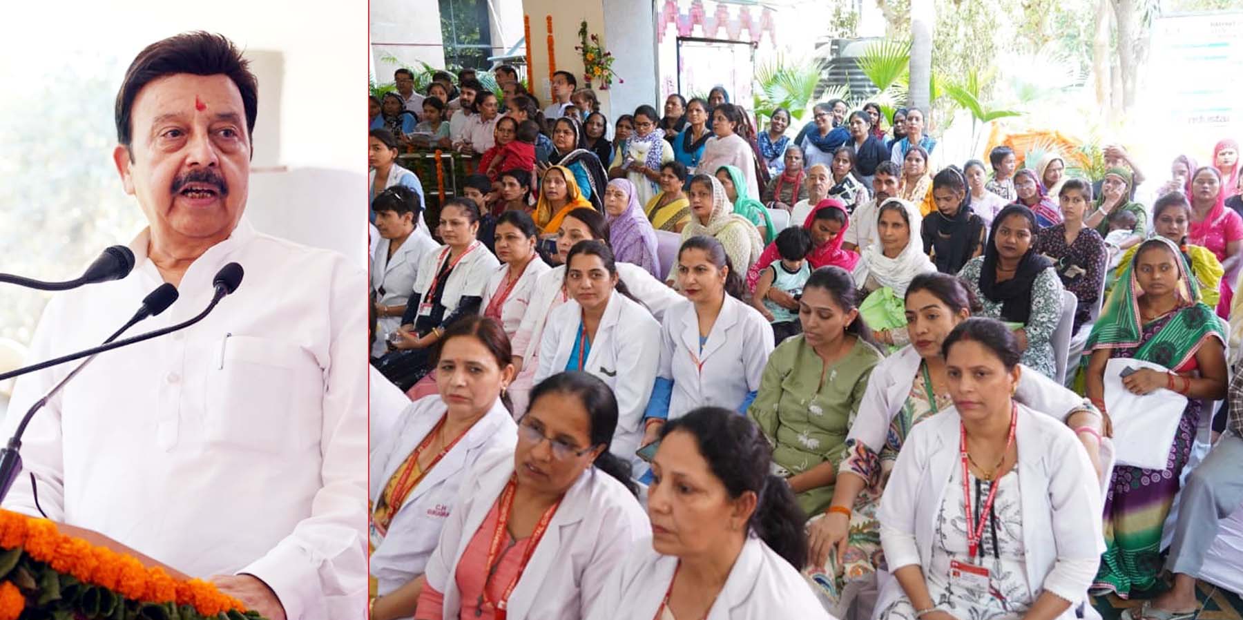 गुरुग्राम के सेक्टर-10 नागरिक अस्पताल में दीन दयाल लाडो लक्ष्मी योजना के पंजीकरण के शुभारंभ अवसर पर समारोह को संबोधित करते मंत्री राव नरबीर सिंह व उपस्थित स्टाफ एवं आमजन।   -दीन दयाल ला