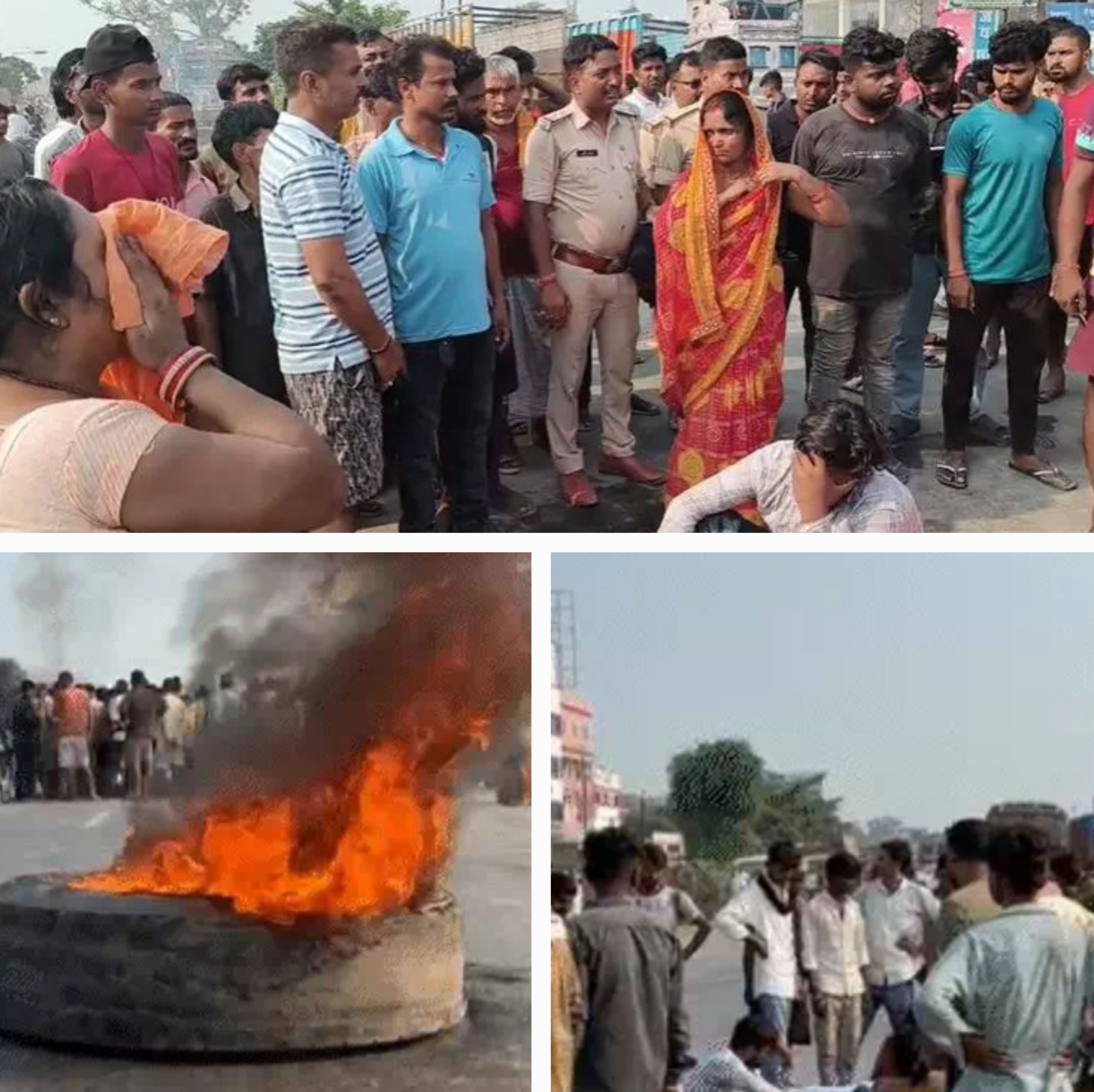घटना के सड़क पर शव रख कर आगजनी करते आक्रोशित घटना के सड़क पर शव रख कर आगजनी करते आक्रोशित