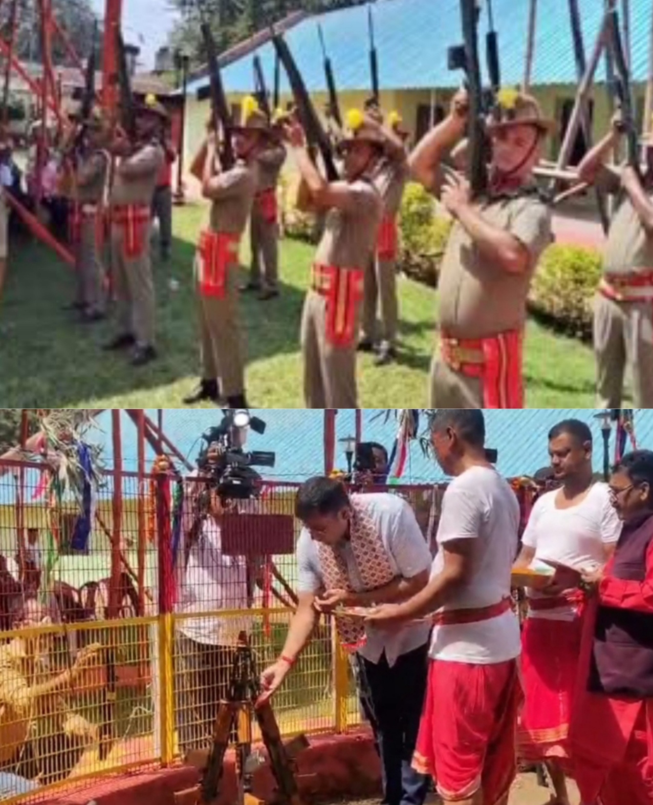 फायरिंग करते और हथियार का पूजा करते
