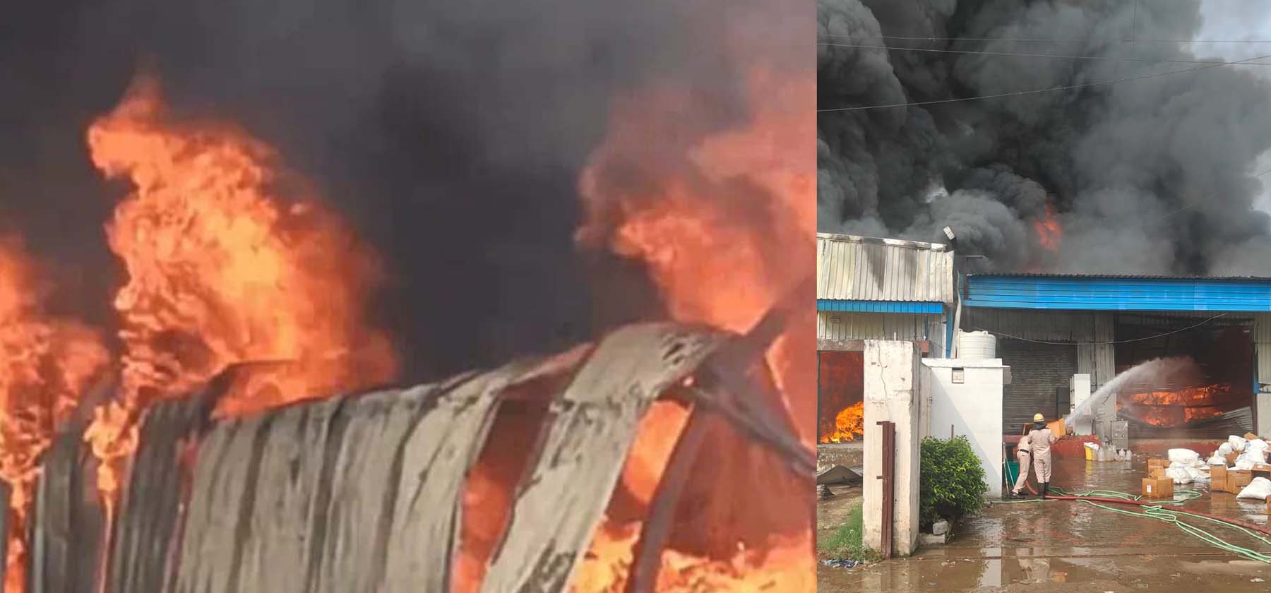 गुरुग्राम के बिनौला में कपड़ों के वेयरहाउस में लगी भीषण आग व आग बुझाते दमकल विभाग के कर्मचारी। गुरुग्राम के बिनौला में कपड़ों के वेयरहाउस में लगी भीषण आग व आग बुझाते दमकल विभाग के कर्मचारी।