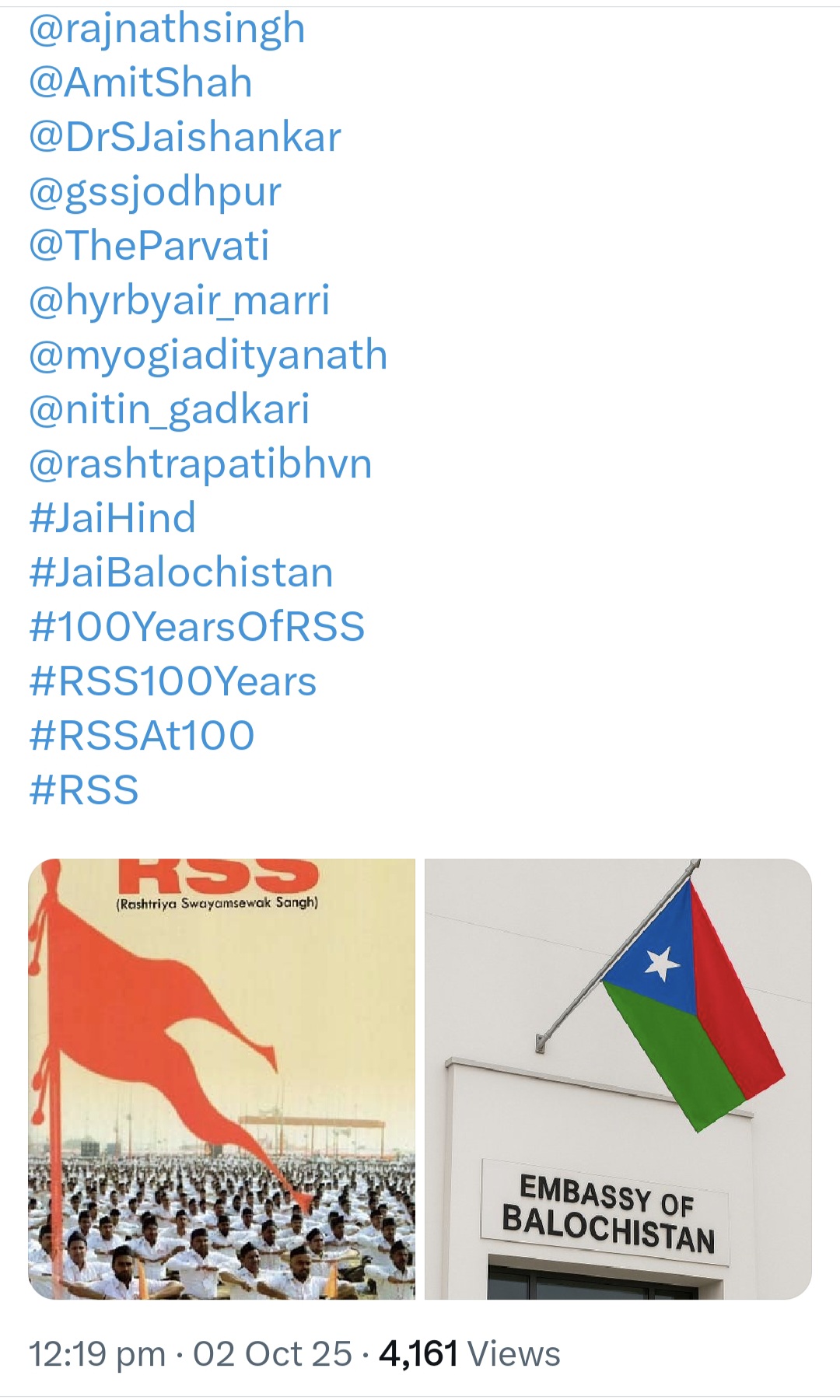 Mir Yar Baloch of Free Balochistan Movement congratulates RSS on its Centenary Day