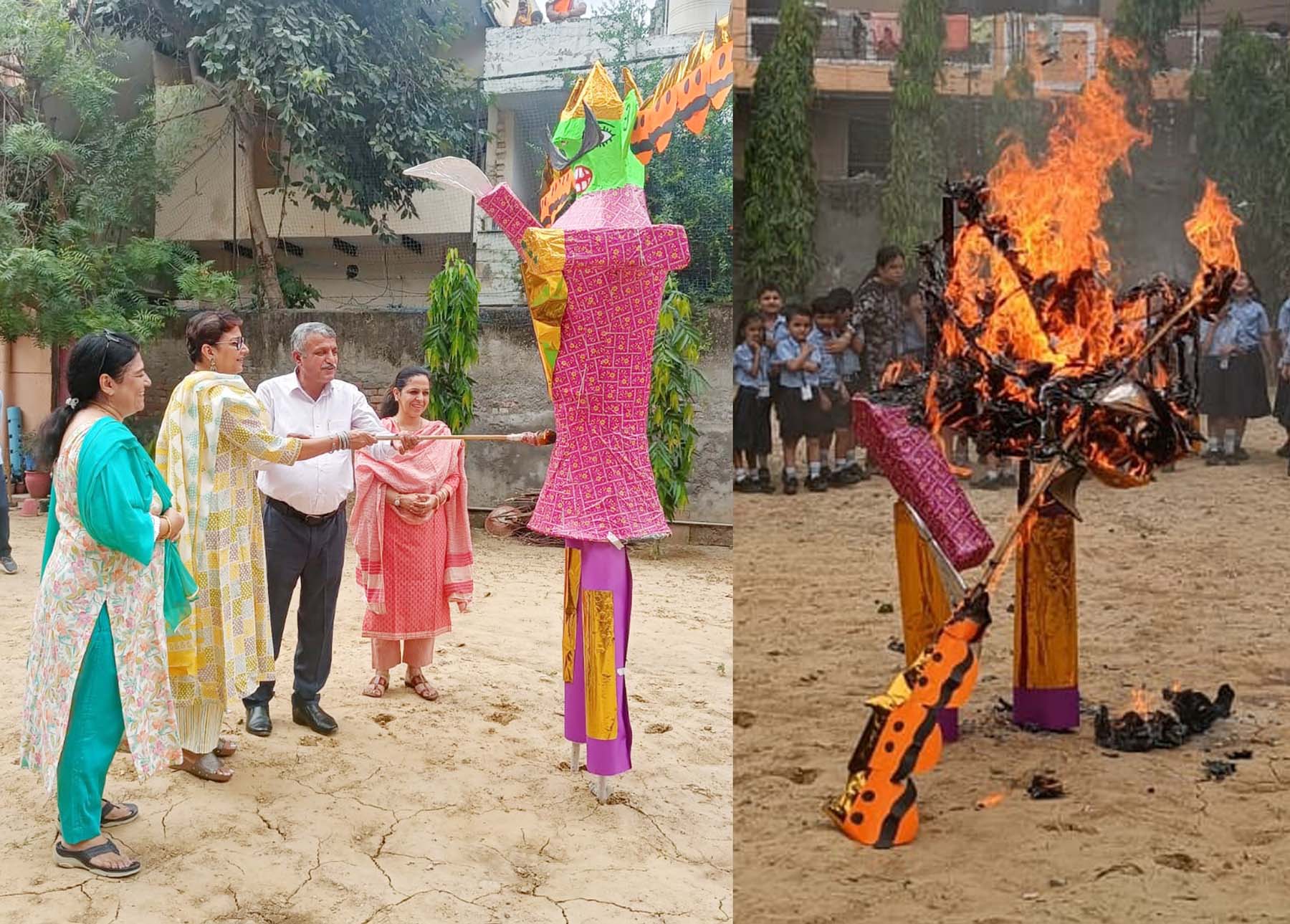 गुरुग्राम के सेक्टर-10ए स्थित लायंस पब्लिक स्कूल में रावण के पुतले का दहन करते प्रबंधक राजीव कुमार, प्रिंसिपल दीपिंदर कौर व अन्य।