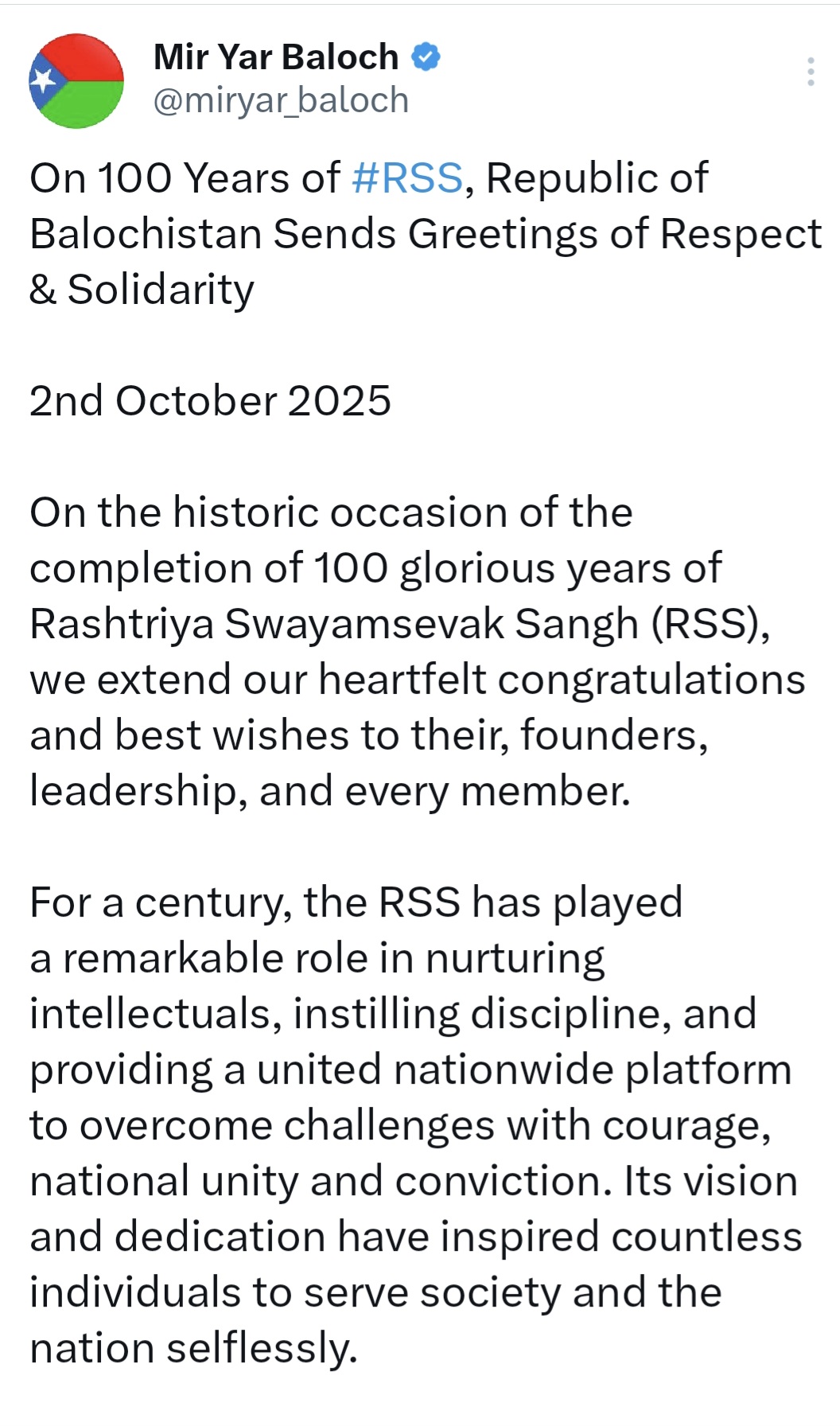 Mir Yar Baloch of Free Balochistan Movement congratulates RSS on its Centenary Day