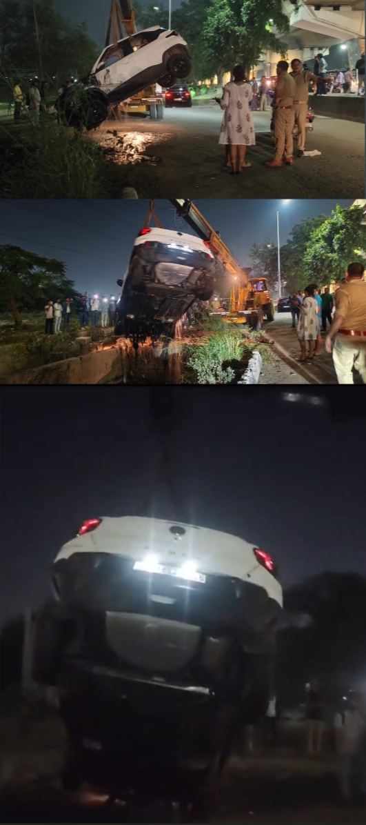 विपरीत दिशा से आ रही अनियंत्रित कार  नाले में गिरी