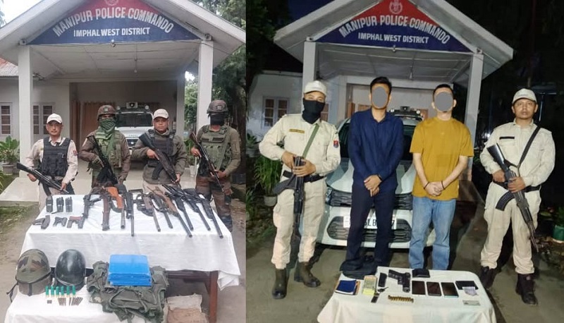 मणिपुर पुलिस एवं सुरक्षा बलों द्वारा चलाए गये अभियान के दौरान बरामद हथियारों का जखीरा तथा गिरफ्तार उग्रवादियों की तस्वीर