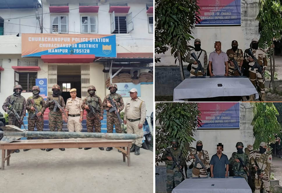मणिपुरः उग्रवाद विरोधी अभियान में देशी राकेट बरामद, गिरफ्तार दो उग्रवादियों की तस्वीर